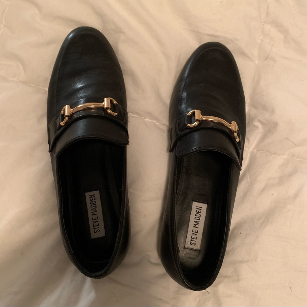 Steve Madden black leather women loafers, size 10